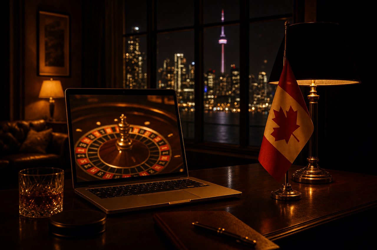Laptop showing an online casino game beside a small Canadian flag at night