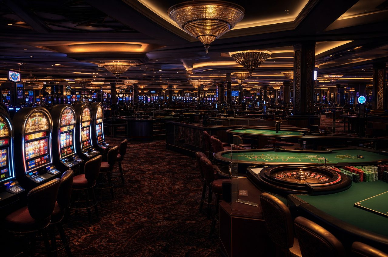 Wide view of a large American casino floor with illuminated slot machines and table games