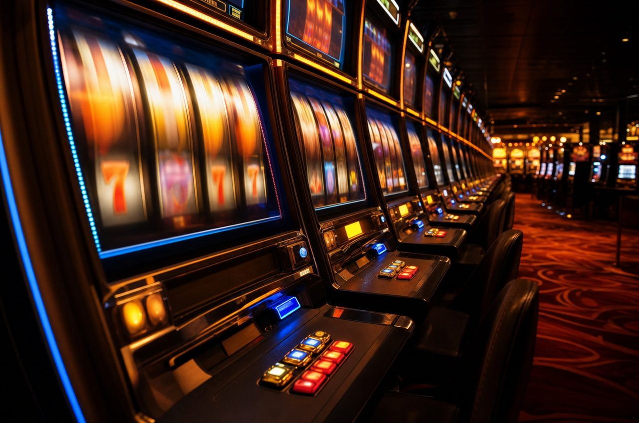 Row of illuminated modern video slot machines in an American casino