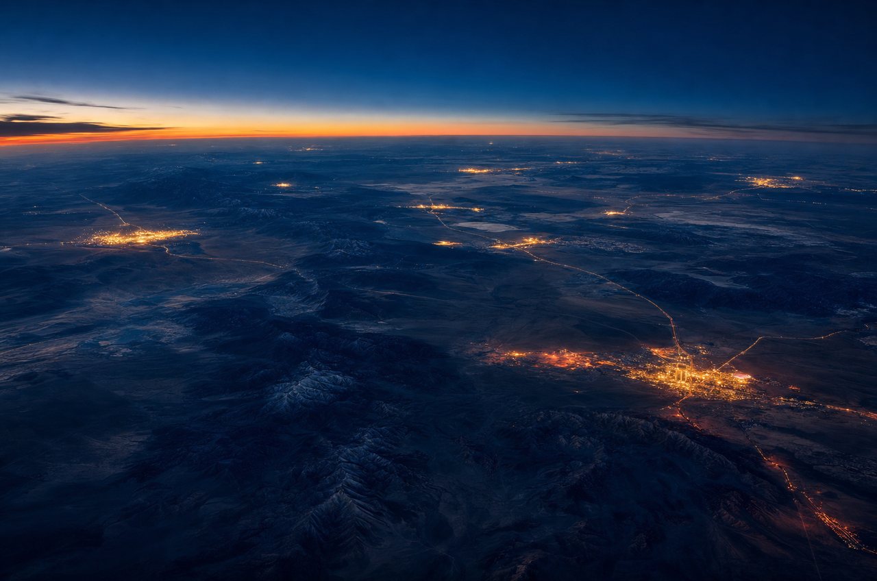 Aerial twilight view across the United States with scattered city lights — casinos by state