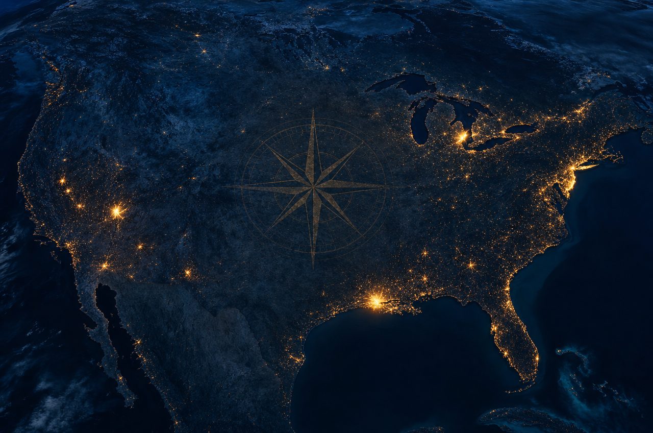 USA casino map — aerial view of US city lights at night