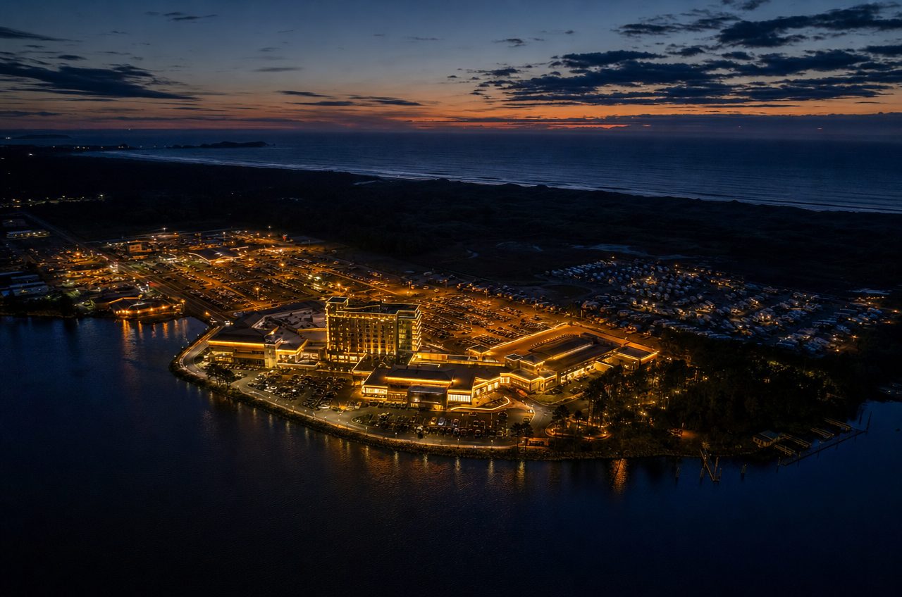 Casinos near Coos Bay, Oregon — aerial cityscape